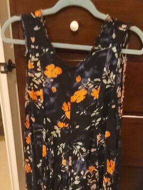 Ecote Navy Floral Dress with Orange and Cream Accents